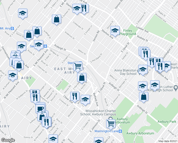 map of restaurants, bars, coffee shops, grocery stores, and more near 6635 Blakemore Street in Philadelphia