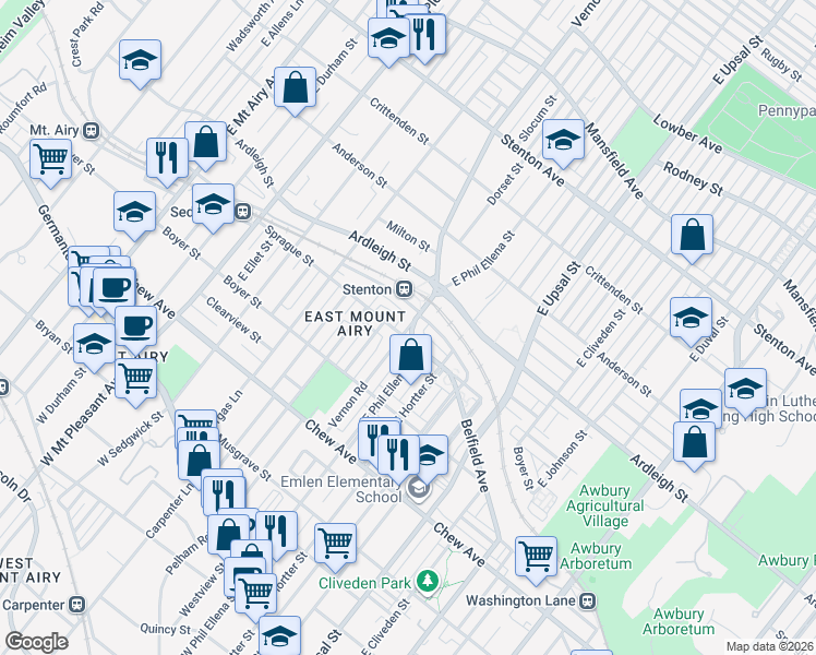 map of restaurants, bars, coffee shops, grocery stores, and more near 500 Vernon Road in Philadelphia