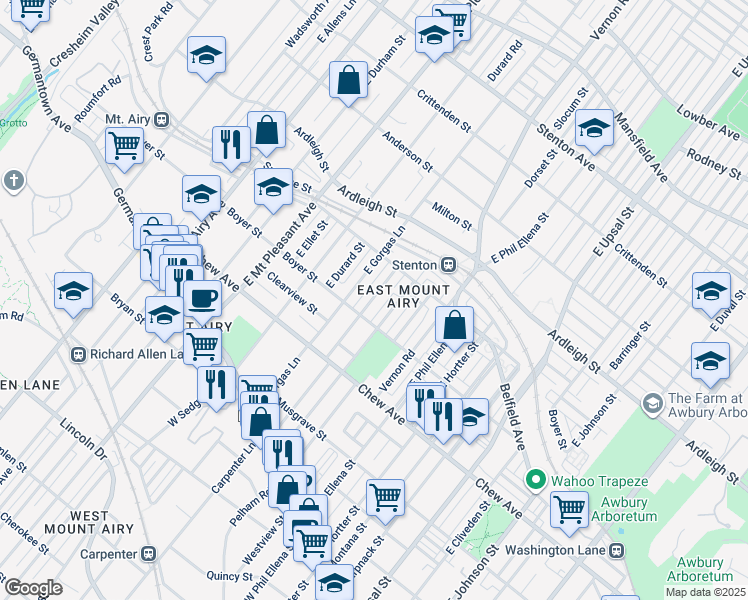 map of restaurants, bars, coffee shops, grocery stores, and more near 338 Meehan Avenue in Philadelphia
