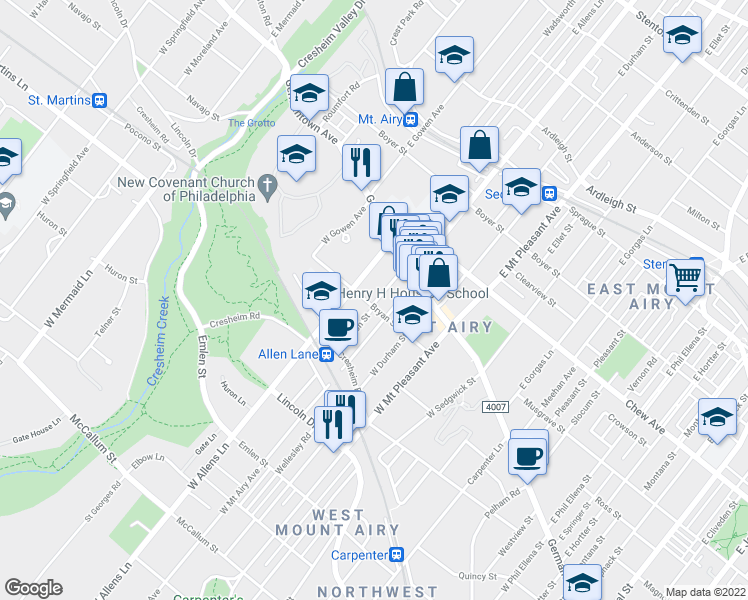 map of restaurants, bars, coffee shops, grocery stores, and more near 7215 Bryan Street in Philadelphia