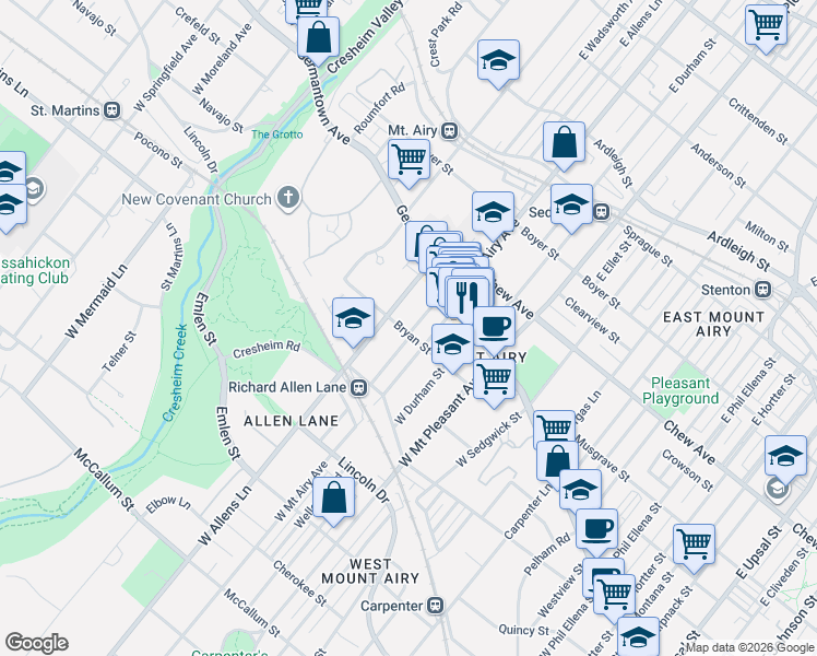 map of restaurants, bars, coffee shops, grocery stores, and more near 112 West Allens Lane in Philadelphia