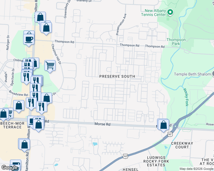 map of restaurants, bars, coffee shops, grocery stores, and more near 3856 Wood Stork Lane in Columbus