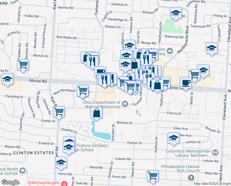 map of restaurants, bars, coffee shops, grocery stores, and more near 1875 Morse Road in Columbus