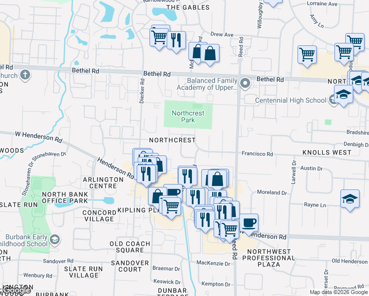 map of restaurants, bars, coffee shops, grocery stores, and more near 5020 New Haven Drive in Columbus