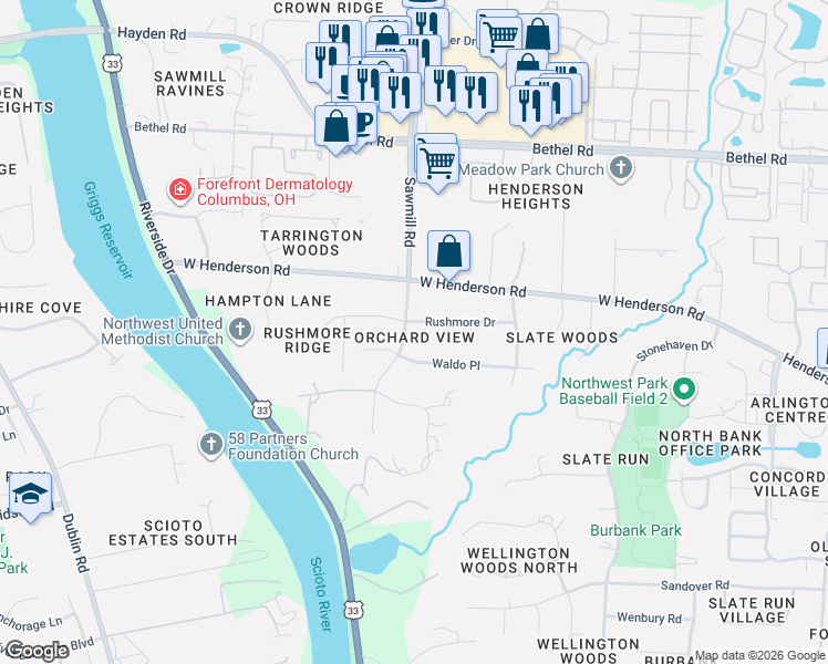 map of restaurants, bars, coffee shops, grocery stores, and more near 3771 Rushmore Drive in Columbus