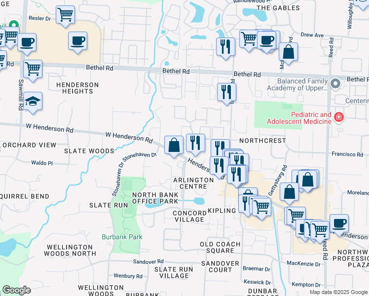 map of restaurants, bars, coffee shops, grocery stores, and more near 2280 West Henderson Road in Columbus