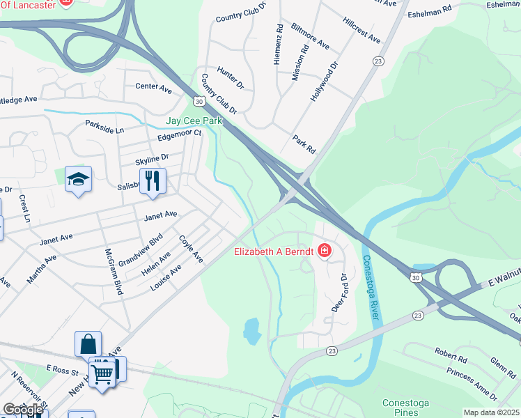 map of restaurants, bars, coffee shops, grocery stores, and more near 1000 Strand Way in Lancaster