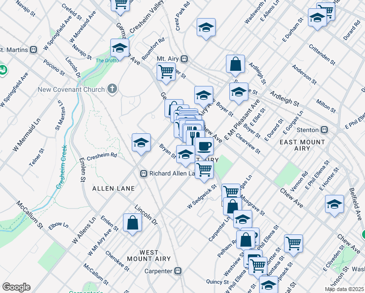 map of restaurants, bars, coffee shops, grocery stores, and more near 10 West Mount Airy Avenue in Philadelphia