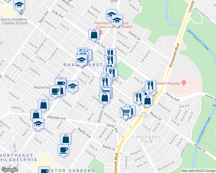 map of restaurants, bars, coffee shops, grocery stores, and more near 7952 Bustleton Avenue in Philadelphia