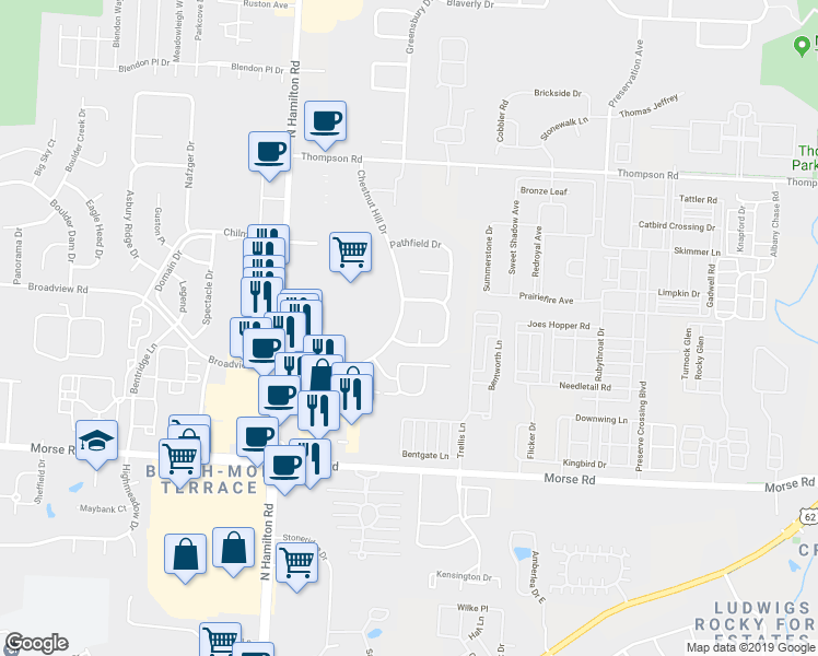 map of restaurants, bars, coffee shops, grocery stores, and more near 4007 Silverglade Court in Columbus