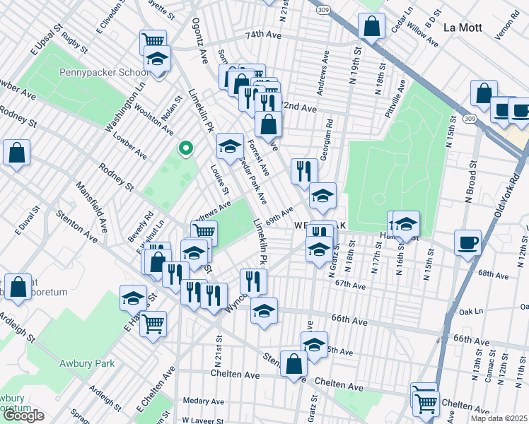 map of restaurants, bars, coffee shops, grocery stores, and more near 6920 Cedar Park Avenue in Philadelphia