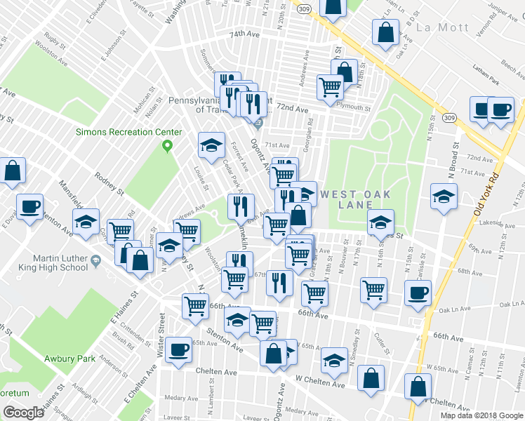 map of restaurants, bars, coffee shops, grocery stores, and more near 6900 Forrest Avenue in Philadelphia