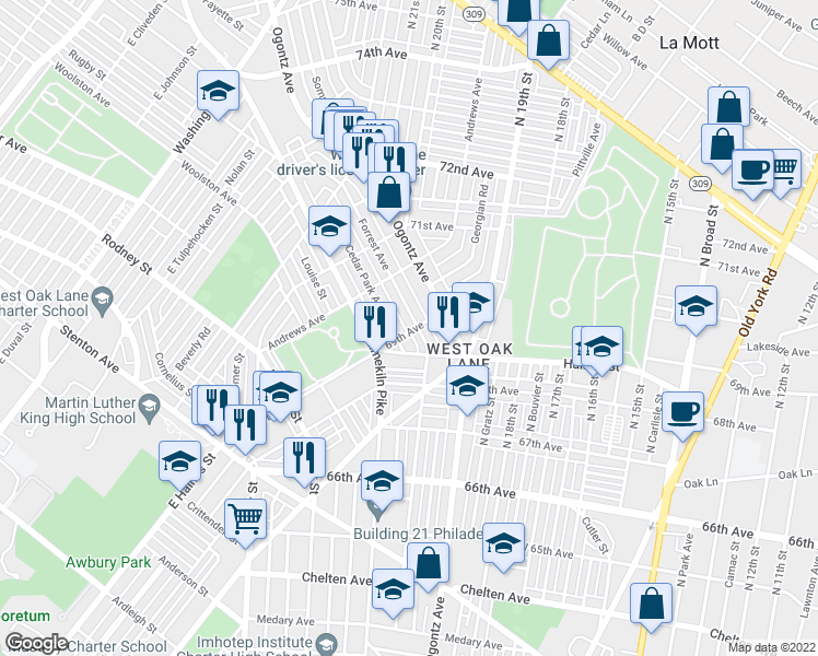 map of restaurants, bars, coffee shops, grocery stores, and more near 6900 Ogontz Avenue in Philadelphia