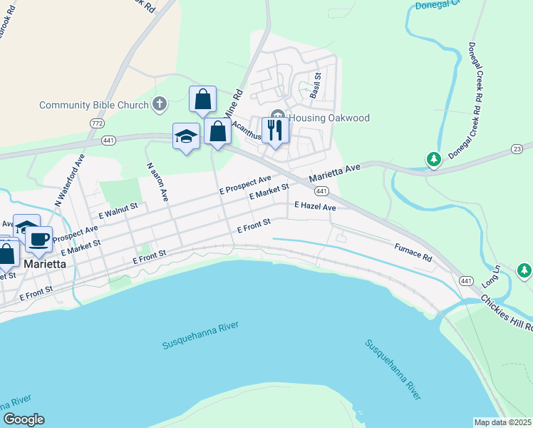 map of restaurants, bars, coffee shops, grocery stores, and more near 564 East Front Street in Marietta