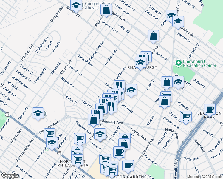 map of restaurants, bars, coffee shops, grocery stores, and more near 7815 Loretto Avenue in Philadelphia
