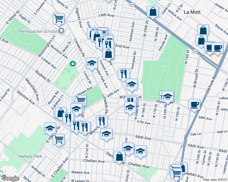 map of restaurants, bars, coffee shops, grocery stores, and more near 6900 Forrest Avenue in Philadelphia