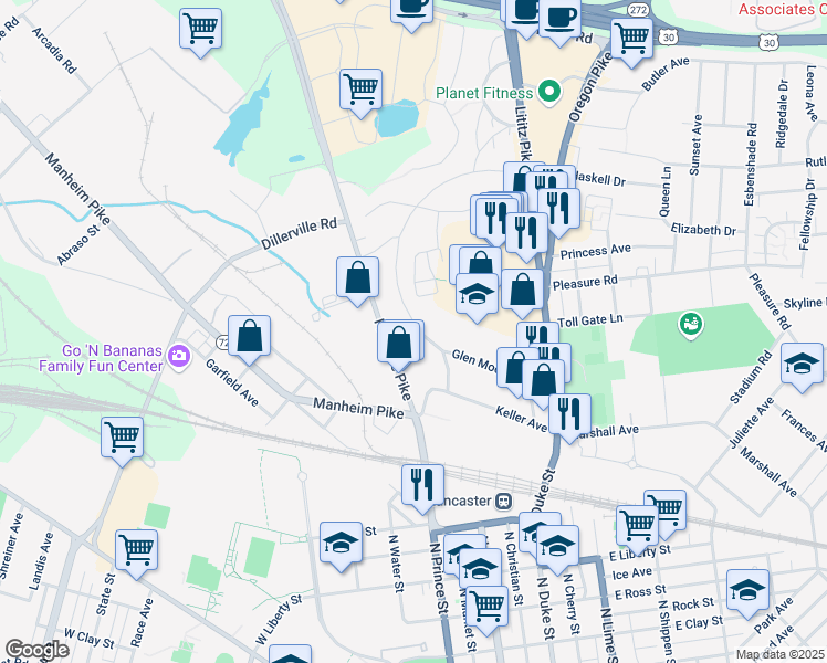 map of restaurants, bars, coffee shops, grocery stores, and more near 1376 Orchard Street in Lancaster