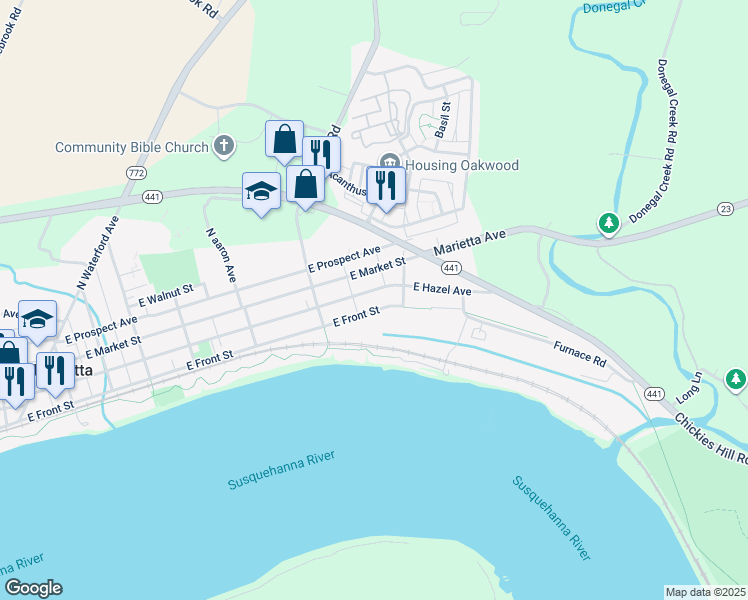 map of restaurants, bars, coffee shops, grocery stores, and more near 564 East Front Street in Marietta