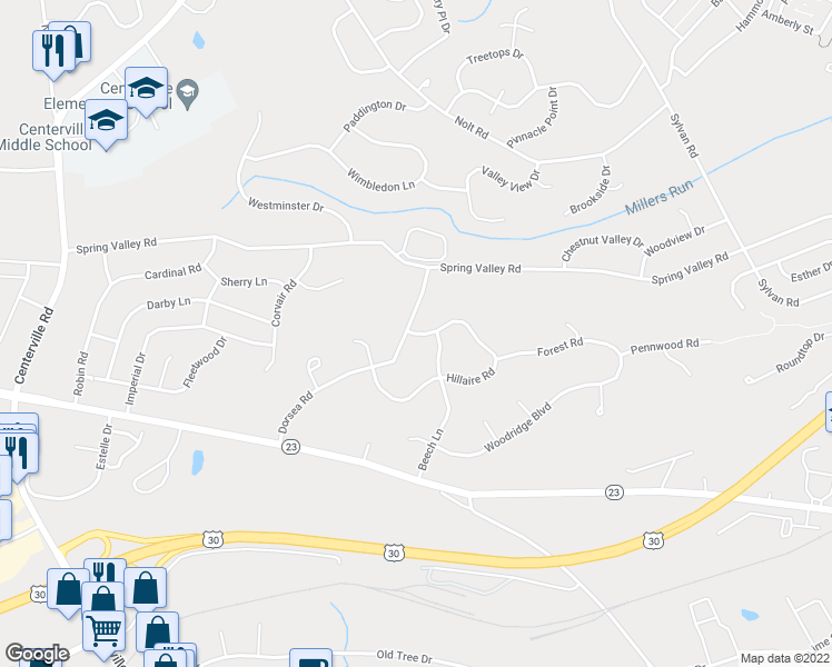 map of restaurants, bars, coffee shops, grocery stores, and more near 855 Hillaire Road in Lancaster