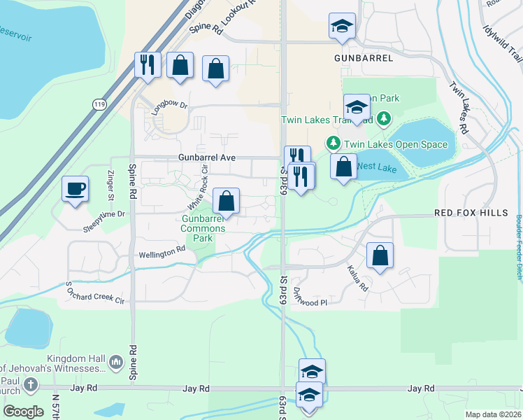 map of restaurants, bars, coffee shops, grocery stores, and more near 4648 Chestnut Lane in Boulder