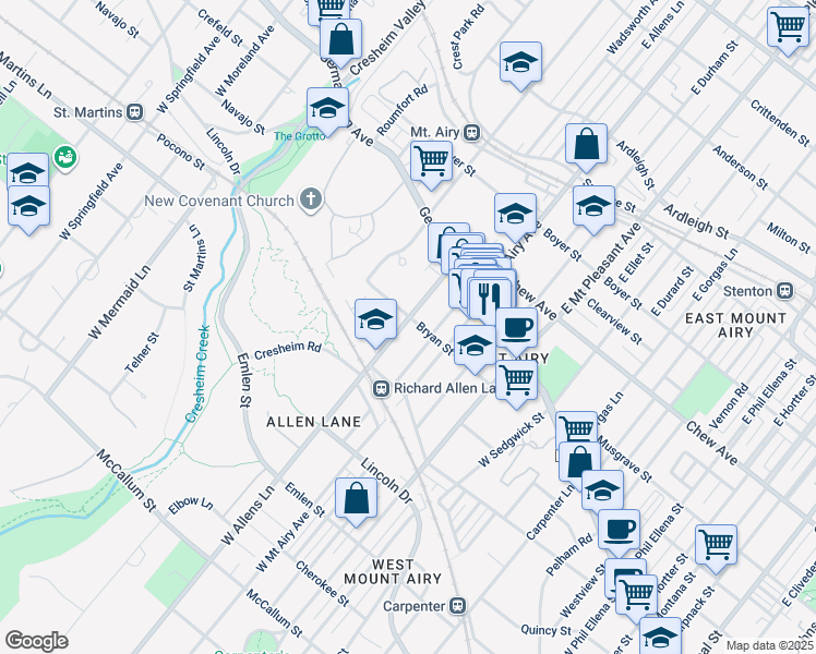 map of restaurants, bars, coffee shops, grocery stores, and more near 106 West Allens Lane in Philadelphia