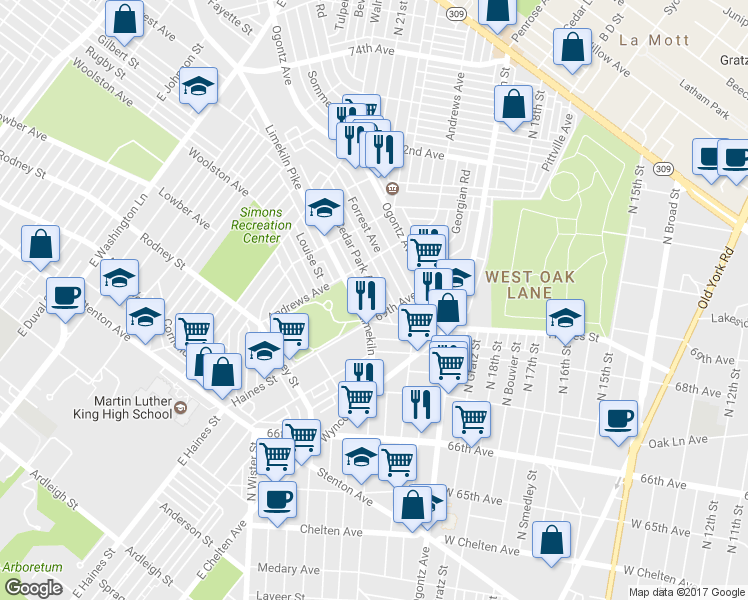 map of restaurants, bars, coffee shops, grocery stores, and more near 6920 Cedar Park Avenue in Philadelphia
