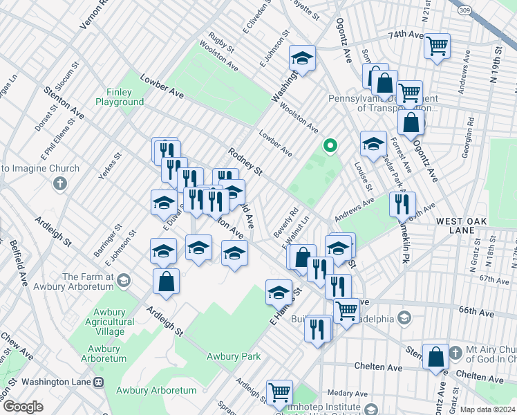 map of restaurants, bars, coffee shops, grocery stores, and more near 7260 Cornelius Street in Philadelphia
