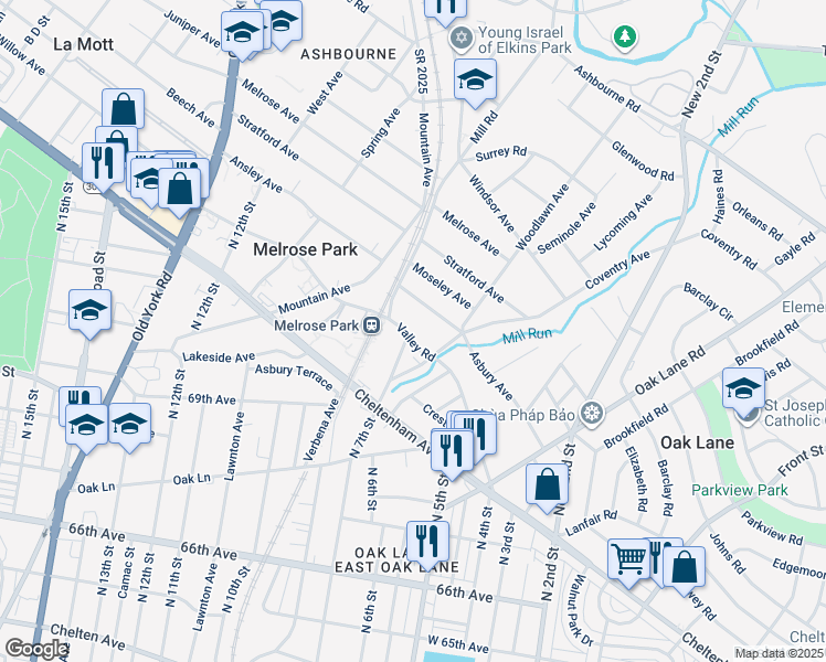 map of restaurants, bars, coffee shops, grocery stores, and more near 729 Valley Road in Melrose Park