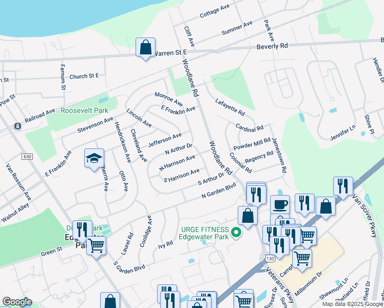 map of restaurants, bars, coffee shops, grocery stores, and more near 204 North Harrison Avenue in Edgewater Park