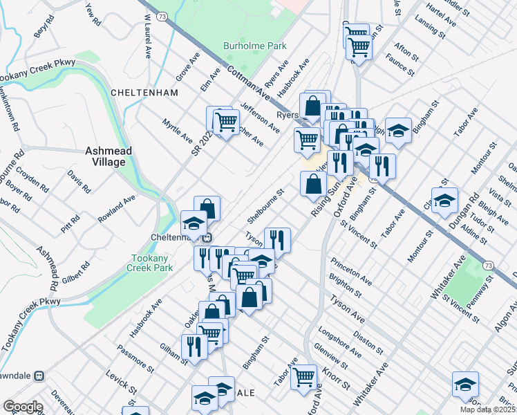 map of restaurants, bars, coffee shops, grocery stores, and more near 7044 Shelbourne Street in Philadelphia