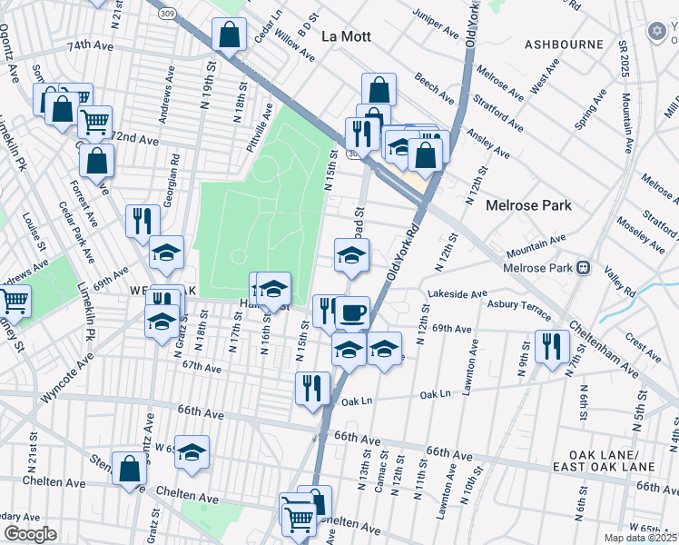 map of restaurants, bars, coffee shops, grocery stores, and more near 6922 North Broad Street in Philadelphia