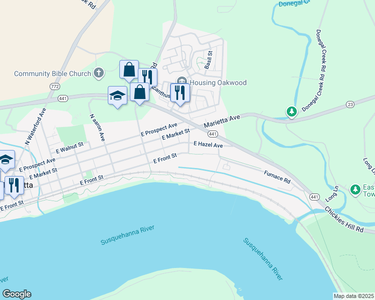 map of restaurants, bars, coffee shops, grocery stores, and more near 592 East Front Street in Marietta