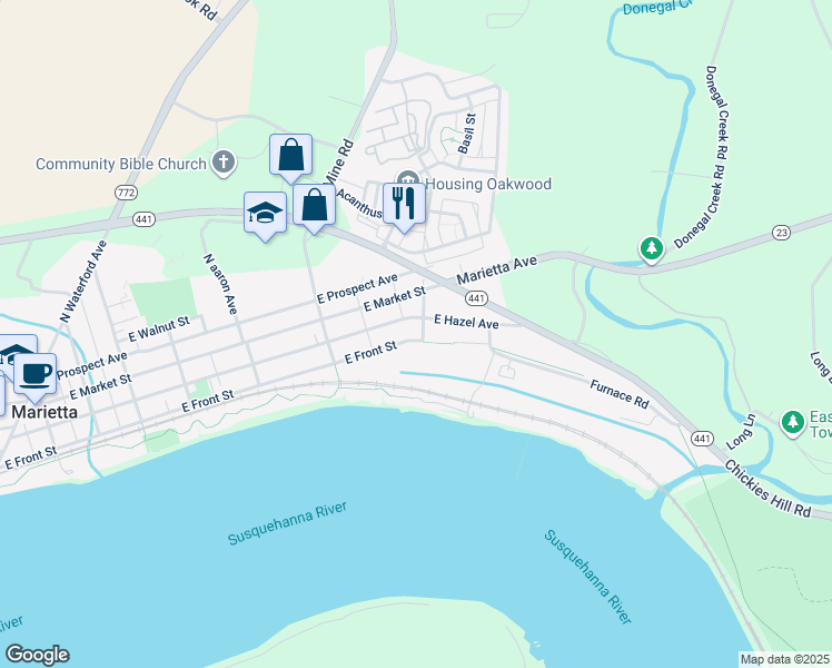 map of restaurants, bars, coffee shops, grocery stores, and more near 588 East Front Street in Marietta