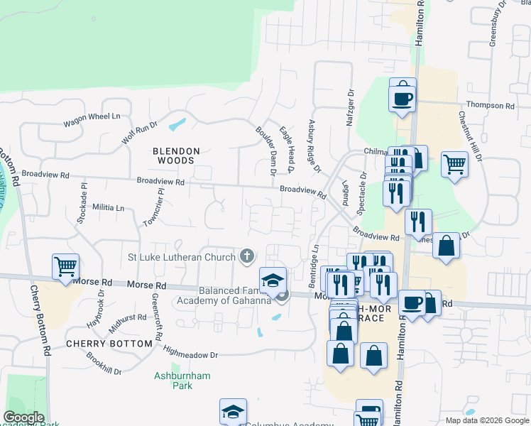 map of restaurants, bars, coffee shops, grocery stores, and more near 4072 Chennin Drive in Columbus