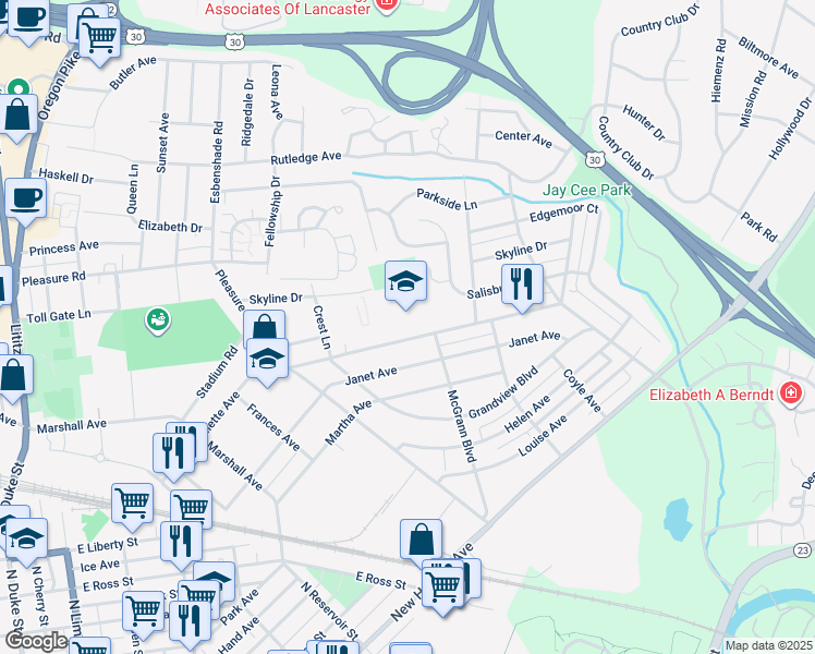 map of restaurants, bars, coffee shops, grocery stores, and more near 875 Pleasure Road in Lancaster