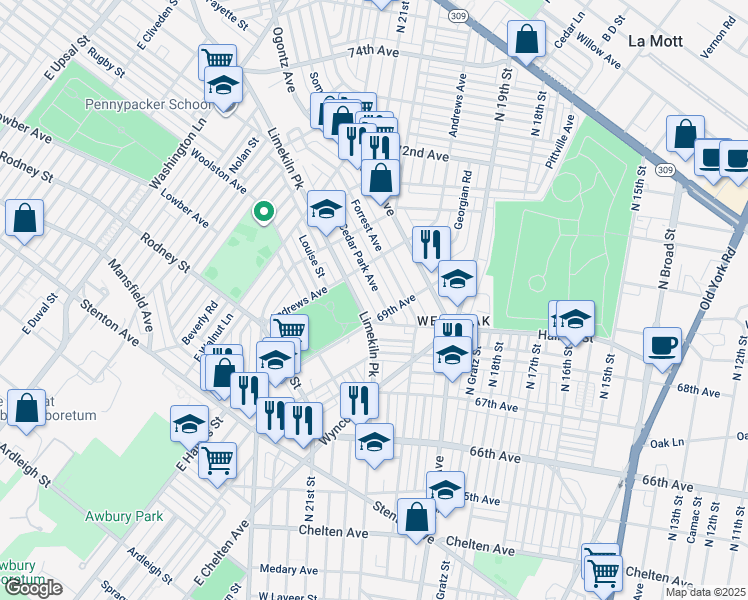 map of restaurants, bars, coffee shops, grocery stores, and more near 6922 Cedar Park Avenue in Philadelphia