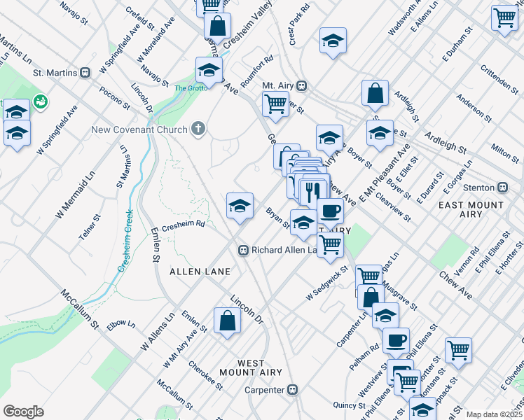 map of restaurants, bars, coffee shops, grocery stores, and more near 106 West Allens Lane in Philadelphia