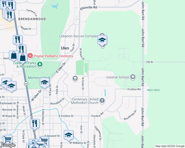 map of restaurants, bars, coffee shops, grocery stores, and more near 1225 North Grant Street in Lebanon
