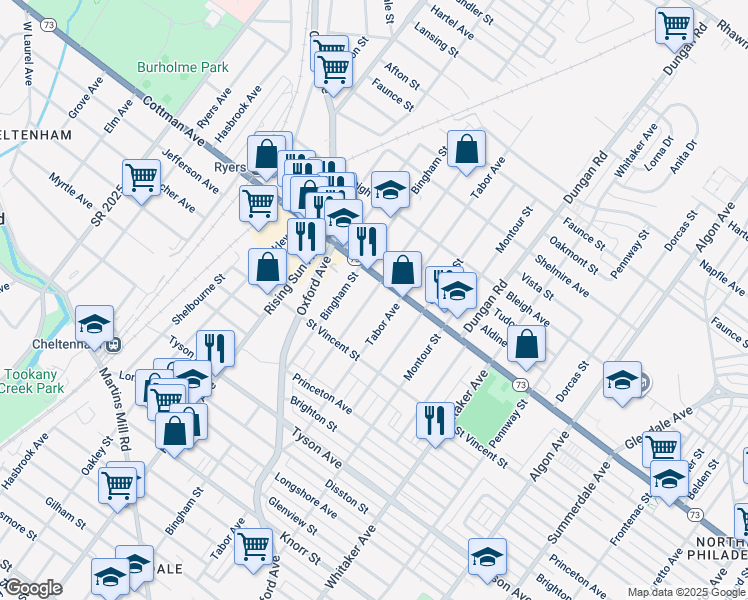 map of restaurants, bars, coffee shops, grocery stores, and more near 7251 Lawndale Avenue in Philadelphia