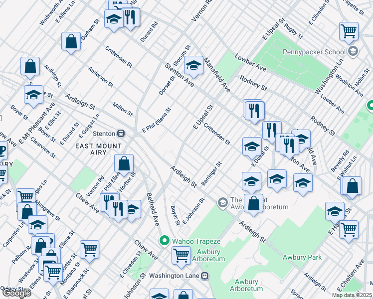 map of restaurants, bars, coffee shops, grocery stores, and more near 6490 Anderson Street in Philadelphia