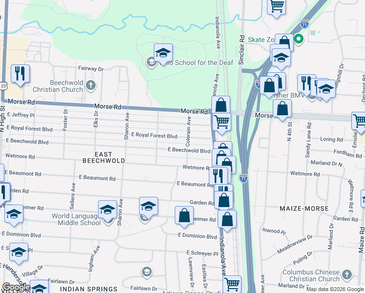 map of restaurants, bars, coffee shops, grocery stores, and more near 581 East Beechwold Boulevard in Columbus
