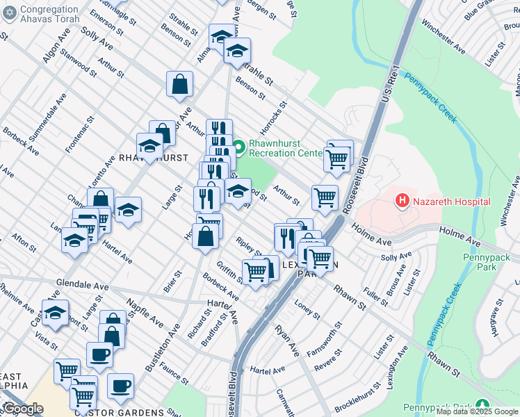 map of restaurants, bars, coffee shops, grocery stores, and more near 2305 Fuller Street in Philadelphia