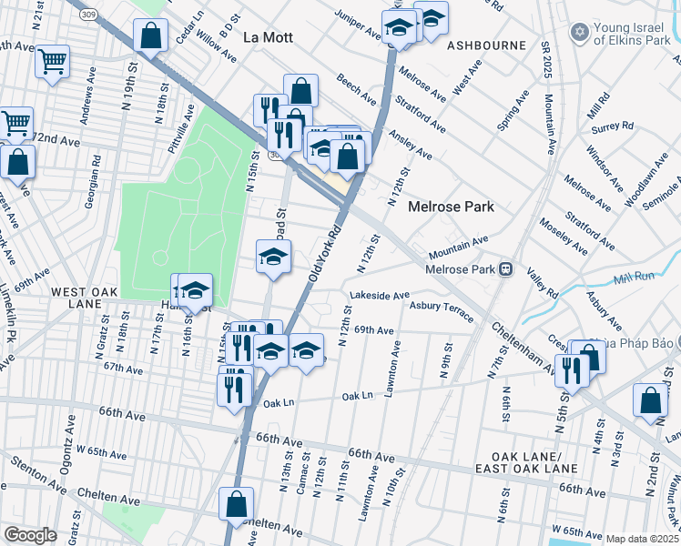 map of restaurants, bars, coffee shops, grocery stores, and more near 1205 70th Avenue in Philadelphia
