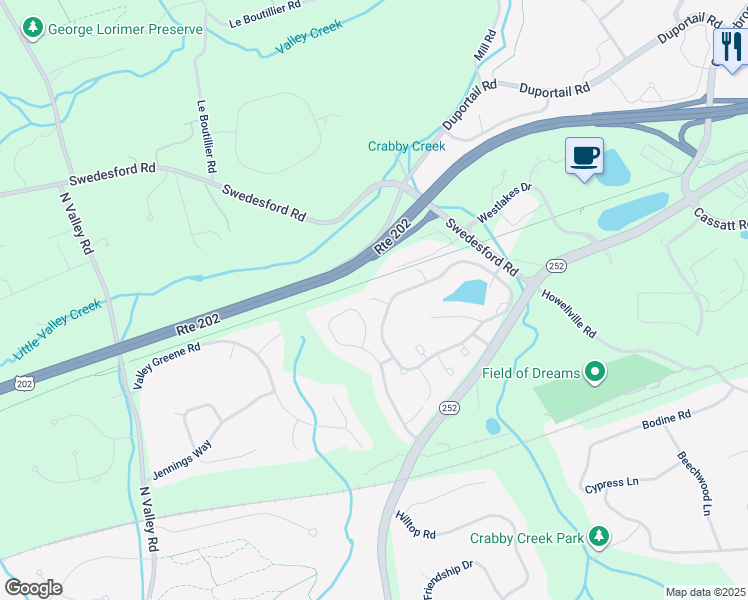 map of restaurants, bars, coffee shops, grocery stores, and more near 119 Waterford Circle in Berwyn