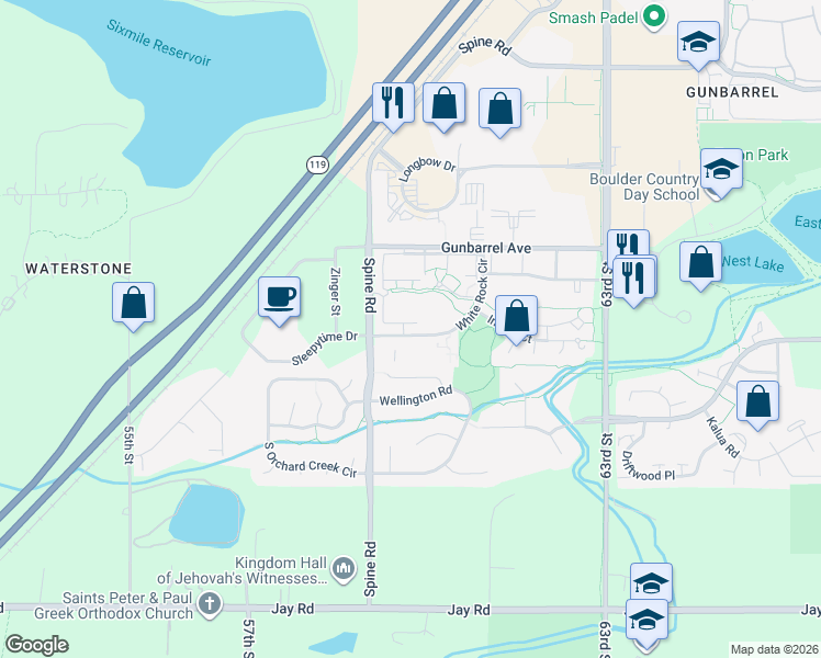 map of restaurants, bars, coffee shops, grocery stores, and more near 4658 White Rock Circle in Boulder