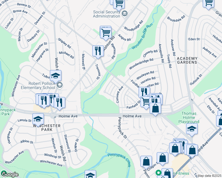 map of restaurants, bars, coffee shops, grocery stores, and more near 9005 Cloverly Road in Philadelphia