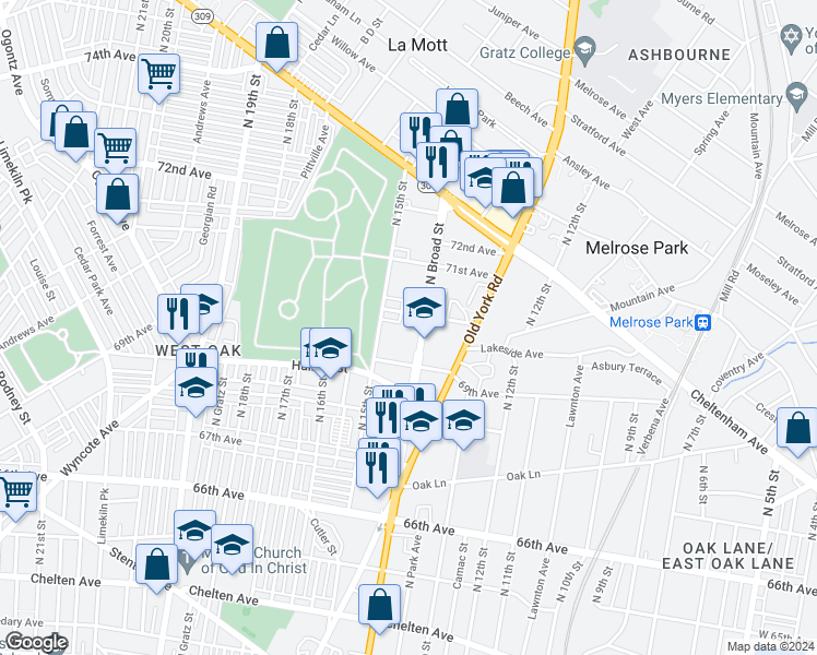 map of restaurants, bars, coffee shops, grocery stores, and more near 6908 North Broad Street in Philadelphia