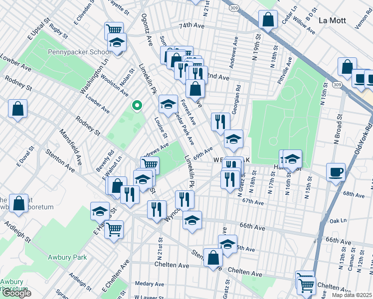 map of restaurants, bars, coffee shops, grocery stores, and more near 6917 Limekiln Pike in Philadelphia