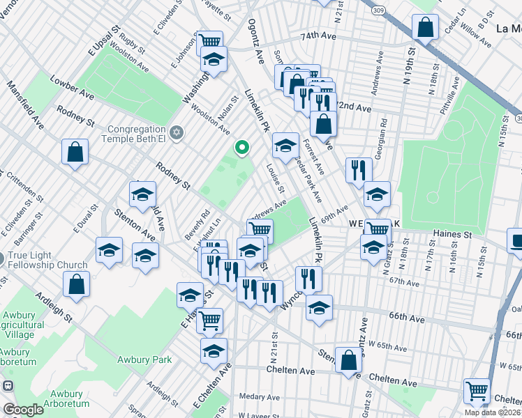 map of restaurants, bars, coffee shops, grocery stores, and more near 1615 Andrews Avenue in Philadelphia
