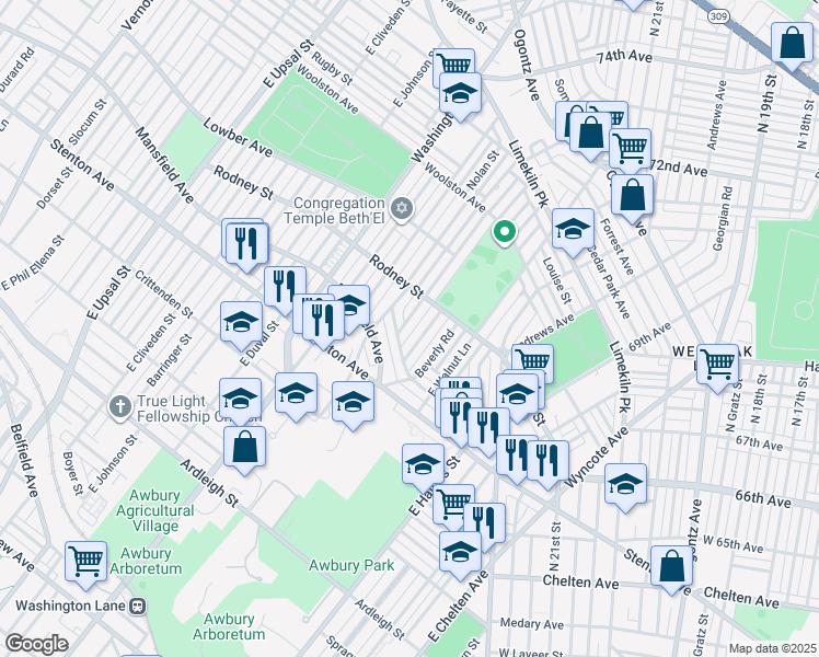 map of restaurants, bars, coffee shops, grocery stores, and more near 1510 East Pastorius Street in Philadelphia